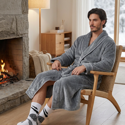 Grey Men's Winter Lounge Bundle Set - Flannel Shawl Collar Robe(XXL Size) with 2x White Thick Mid Calf Demon Pattern Socks, Warm Plush Homewear Set, Soft Cozy Sleepwear and Indoor Loungewear Gift for Men