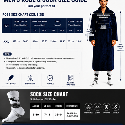 Grey Men's Winter Lounge Bundle Set - Flannel Shawl Collar Robe(XXL Size) with 2x White Thick Mid Calf Demon Pattern Socks, Warm Plush Homewear Set, Soft Cozy Sleepwear and Indoor Loungewear Gift for Men
