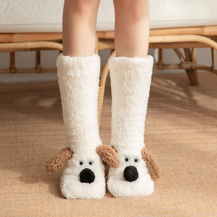 Cute Animal Plush Floor Socks - White Puppy Thickened Coral Fleece Non-Slip Indoor Winter Warm Sleep Socks with Non-Slip Dots, Comfortable for Home Use