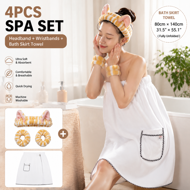 4PCS Spa Set Bath Wrap White bath towel Yellow stripes Cat Ear Headband Wristbands Coral