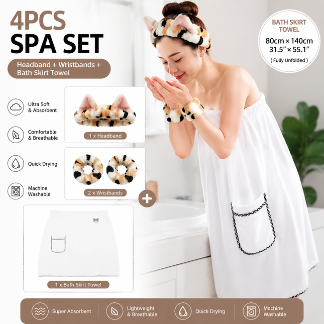 4PCS Spa Set Bath Wrap White bath towel Black and yellow stripes Cat Ear Headband V888-ELOSUNG54528