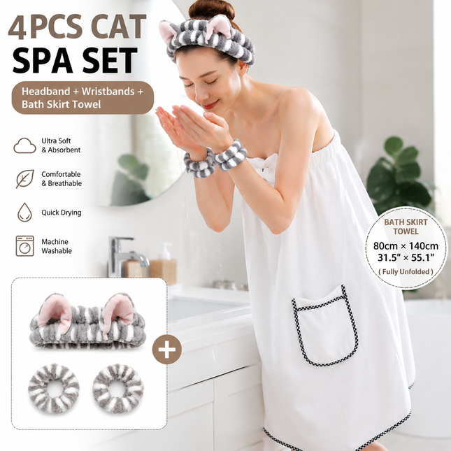 4PCS Spa Set Bath Wrap White bath towel Gray and white stripes Cat Ear Headband V888-ELOSUNG54529