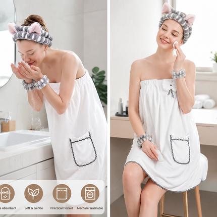 4PCS Spa Set Bath Wrap White bath towel Gray and white stripes Cat Ear Headband Wristbands Coral Fleece Quick Dry Absorbent Skincare Shower Hair Wash Set Home Spa Gift