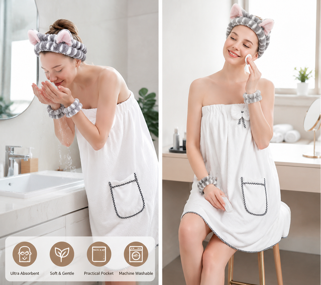 4PCS Spa Set Bath Wrap White bath towel Gray and white stripes Cat Ear Headband – product detail