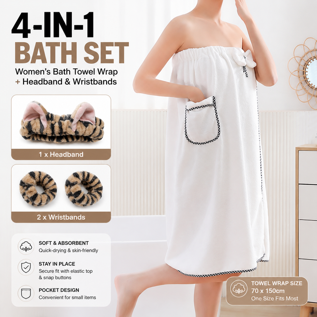 4PCS Spa Set Bath Wrap White bath towel Black and brown stripes Cat Ear Headband V888-ELOSUNG54530