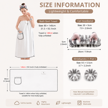 4PCS Spa Set Bath Wrap White bath towel Black and brown stripes Cat Ear Headband Wristbands Coral Fleece Quick Dry Absorbent Skincare Shower Hair Wash Set Home Spa Gift