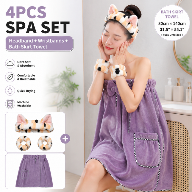 4PCS Spa Set Bath Wrap Purple bath towel Black and yellow stripes Cat Ear Headband V888-ELOSUNG54531