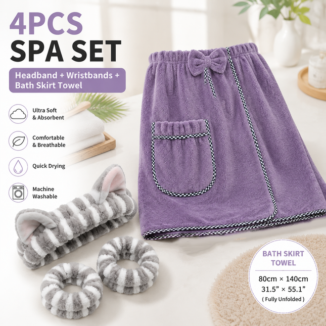 4PCS Spa Set Bath Wrap Purple bath towel Gray and Purple stripes Cat Ear Headband V888-ELOSUNG54532