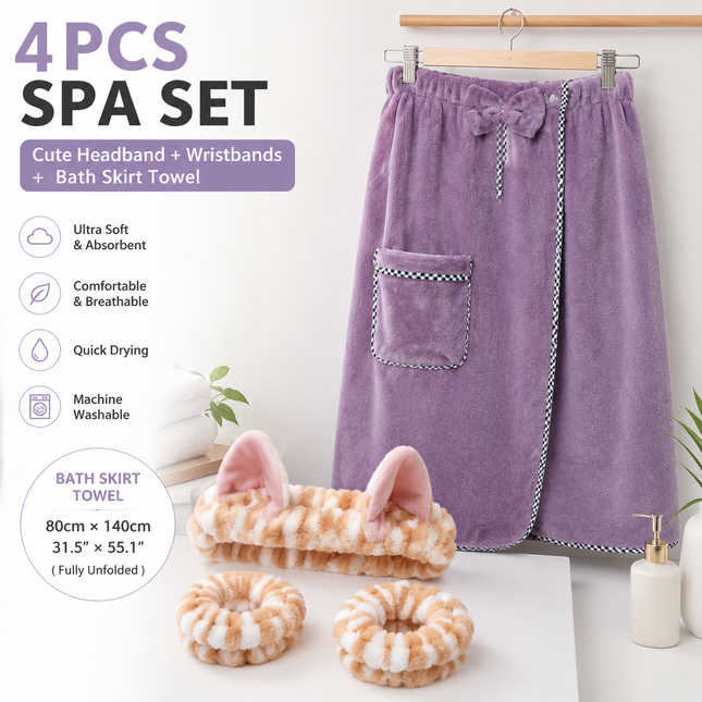 4PCS Spa Set Bath Wrap Purple bath towel Yellow stripes Cat Ear Headband Wristbands Coral