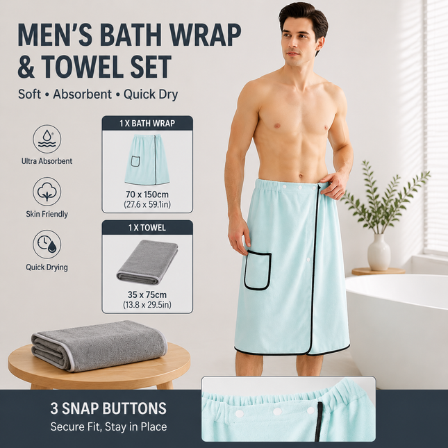Light blue men's bath towel and gray towel set made of coral fleece quick-drying and V888-ELOSUNG54535