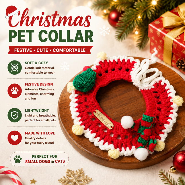 Christmas Pet Collar(Red scarf and hat) Knitted Festive Dog Cat Collar Red Green Adjustable