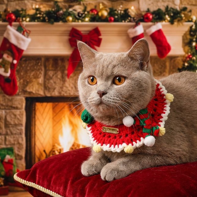 Christmas Pet Collar(Red scarf and hat) Knitted Festive Dog Cat Collar Red Green Adjustable – product detail