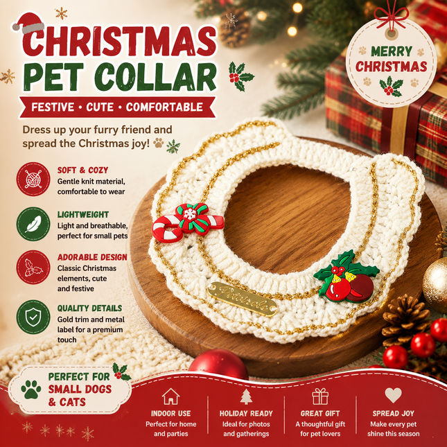 Christmas Pet Collar(Cane and pine cone) Knitted Festive Dog Cat Collar Red Green Adjustable