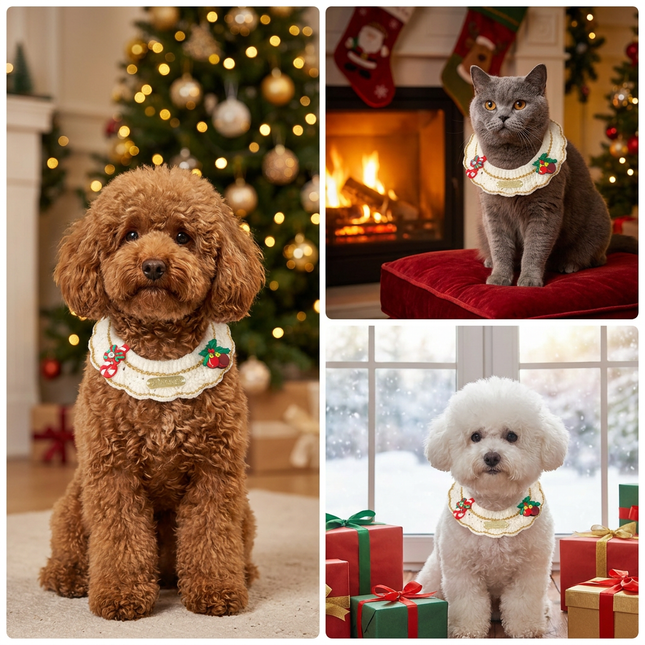 Christmas Pet Collar(Cane and pine cone) Knitted Festive Dog Cat Collar Red Green Adjustable – product detail