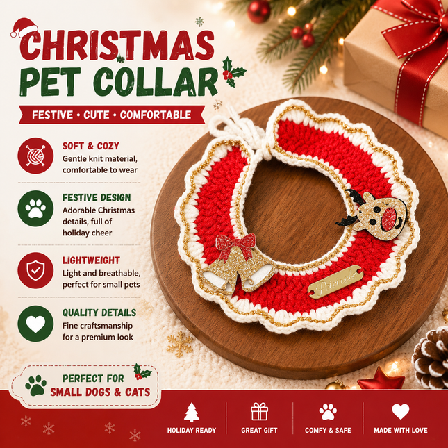 Christmas Pet Collar(Bell-shaped deer) Knitted Festive Dog Cat Collar Red Green Adjustable