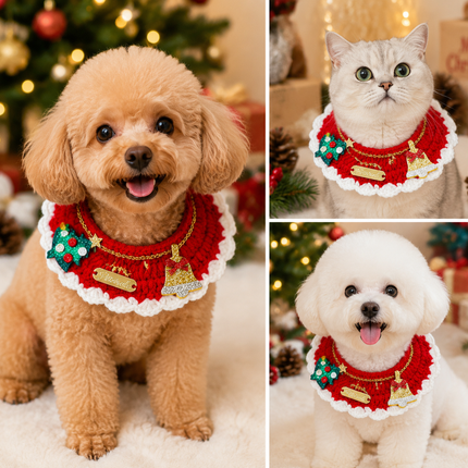 Christmas Pet Collar（Tree bell） Knitted Festive Dog Cat Collar Red Green Adjustable Soft Lightweight Holiday Pet Accessories for Small Dogs and Cats  Party Wear