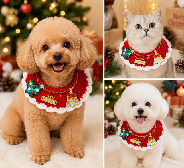 Christmas Pet Collar(Tree bell) Knitted Festive Dog Cat Collar Red Green Adjustable Soft – design and finish