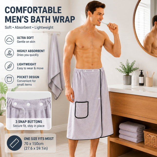 Men s Bath Wrap Microfiber Quick Dry Absorbent Adjustable Snap Closure Grey Bath Towel Wrap