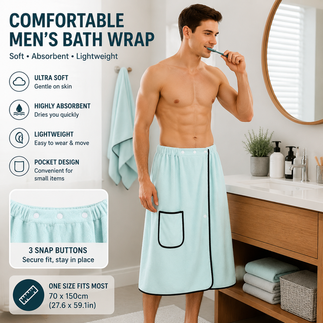 Men's Bath Wrap Microfiber Quick Dry Absorbent Adjustable Snap Closure Light blue Bath Towel