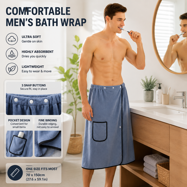Men's Bath Wrap Microfiber Quick Dry Absorbent Adjustable Snap Closure Navy blue Bath Towel