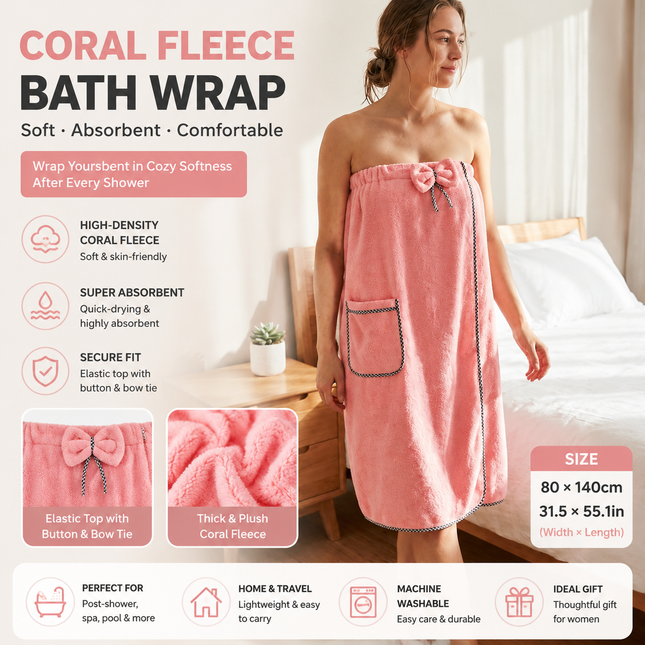 Pink Women's Coral Fleece Wearable Bath Towel Wrap