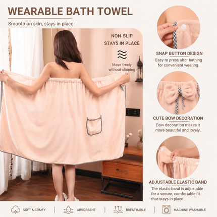 Purple Women's Coral Fleece Wearable Bath Towel Wrap - 80x140cm With Elastic Band, Snap Button and Pocket for Home Spa Travel