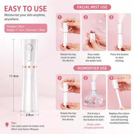 White 2 in 1 Portable Facial Mist Humidifier Nano Mist Sprayer Hydration Device USB Rechargeable Skin Moisturising Sprayer for Home Office Travel Beauty Skincare