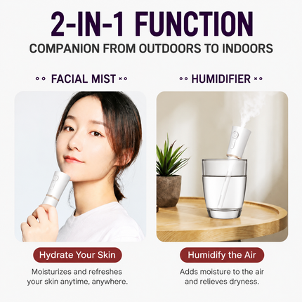 Red 2 in 1 Portable Facial Mist Humidifier Nano Mist Sprayer Hydration Device USB Rechargeable Skin Moisturising Sprayer for Home Office Travel Beauty Skincare