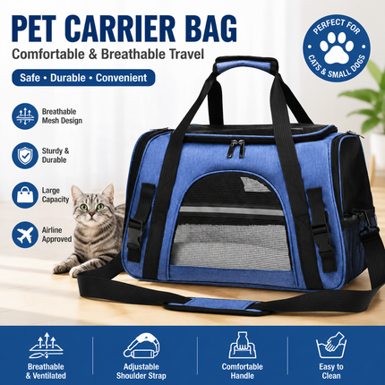 Blue Pet Carrier Bag - Breathable Meshfor Small Dogs and Cats  Travel Carrier Airline Travel Ready Adjustable Shoulder Strap Durable Ventilated Design (44x25x28cm)