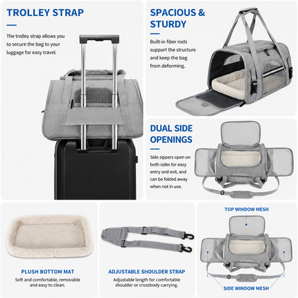 Grey Pet Carrier Bag - Breathable Meshfor Small Dogs and Cats  Travel Carrier Airline Travel Ready Adjustable Shoulder Strap Durable Ventilated Design (44x25x28cm)