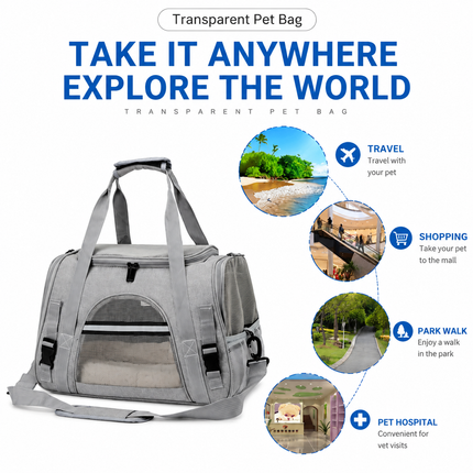 Grey Pet Carrier Bag - Breathable Meshfor Small Dogs and Cats  Travel Carrier Airline Travel Ready Adjustable Shoulder Strap Durable Ventilated Design (44x25x28cm)