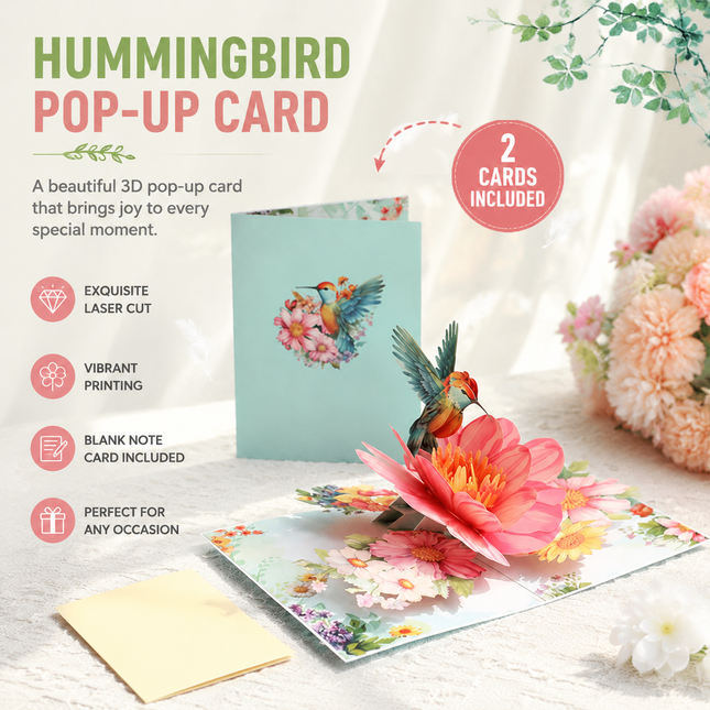 3D Pop Up Greeting Card Set Hummingbird Floral Design 2 Pack Handmade Style Paper Craft V888-ELOSUNG54555