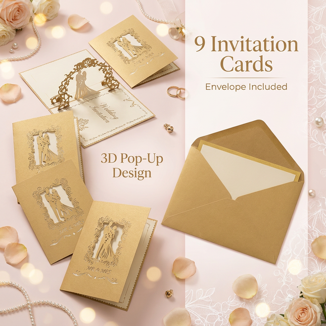 3D Pop Up Wedding Invitation Cards Set of 9 Luxury Laser Cut Wedding Invitations with Envelope Elegant Mr &
