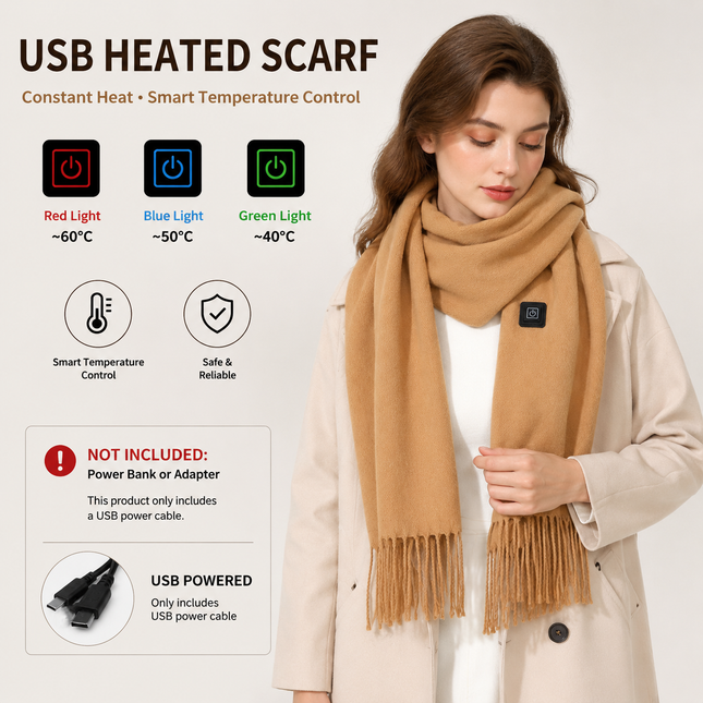 Camel USB Heated Scarf Electric Heating Winter Scarf Smart Temperature Control Warm Thermal Neck Warmer USB