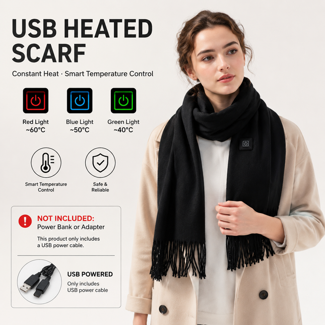 Black USB Heated Scarf Electric Heating Winter Scarf Smart Temperature Control Warm Thermal Neck Warmer USB