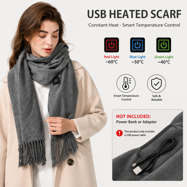Gray USB Heated Scarf Electric Heating Winter Scarf Smart Temperature Control Warm Thermal Neck Warmer USB