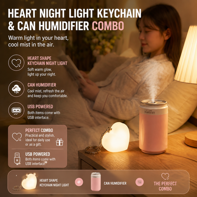 Heart Touch Sensor LED Keychain Light Plus Pink Mini Can Humidifier Aromatherapy Diffuser Set Portable USB