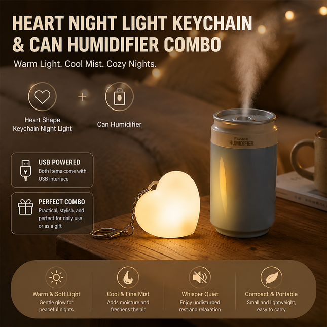 Heart Touch Sensor LED Keychain Light Plus Blue Mini Can Humidifier Aromatherapy Diffuser Set Portable USB