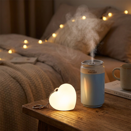 Heart Touch Sensor LED Keychain Light + Blue Mini Can Humidifier Aromatherapy Diffuser Set Portable USB Mist Night Light Keyring Decoration Gift