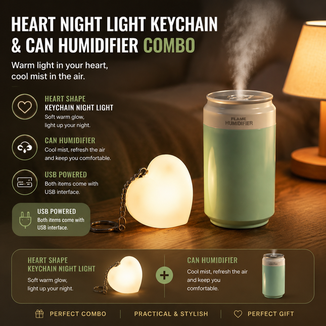 Heart Touch Sensor LED Keychain Light Plus Green Mini Can Humidifier Aromatherapy Diffuser Set Portable USB