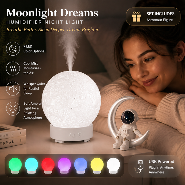 Moonlight Dreams Moon Lamp Humidifier Night Light USB Aroma Diffuser with Astronaut Figurine 7-Color
