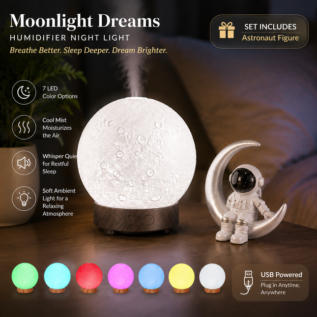 Moonlight Dreams Moon Lamp Humidifier Night Light USB Aroma Diffuser with Astronaut Figurine 7-Color