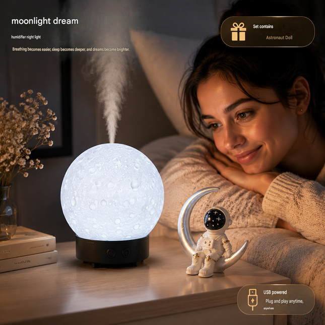 Moonlight Dreams Moon Lamp Humidifier Night Light USB Aroma Diffuser with Astronaut Figurine 7-Color LED