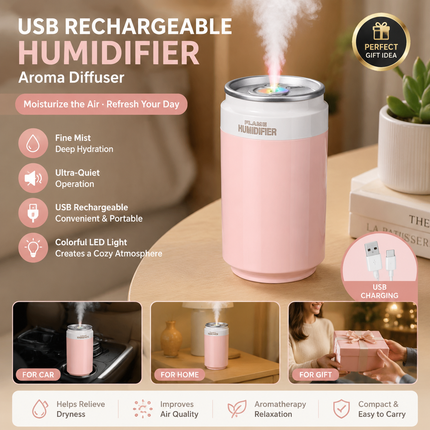 Pink USB Rechargeable Humidifier Aroma Diffuser Mini Can Mist Maker Portable Car Home Desktop Air Moisturizer with LED Light