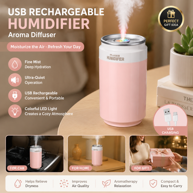Pink USB Rechargeable Humidifier Aroma Diffuser Mini Can Mist Maker Portable Car Home Desktop Air
