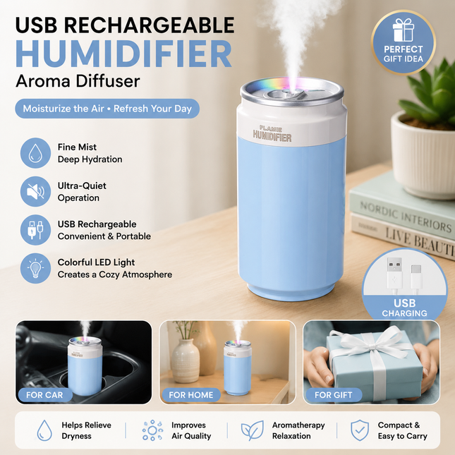 Blue USB Rechargeable Humidifier Aroma Diffuser Mini Can Mist Maker Portable Car Home Desktop Air