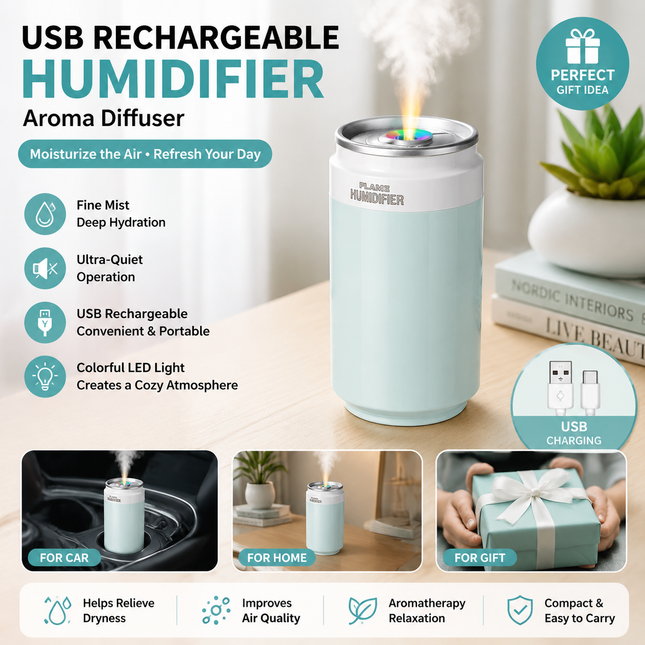 Green USB Rechargeable Humidifier Aroma Diffuser Mini Can Mist Maker Portable Car Home Desktop Air