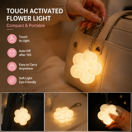 White Touch Activated Flower Keychain Light Cute Portable LED Night Light Keyring Mini Rechargeable