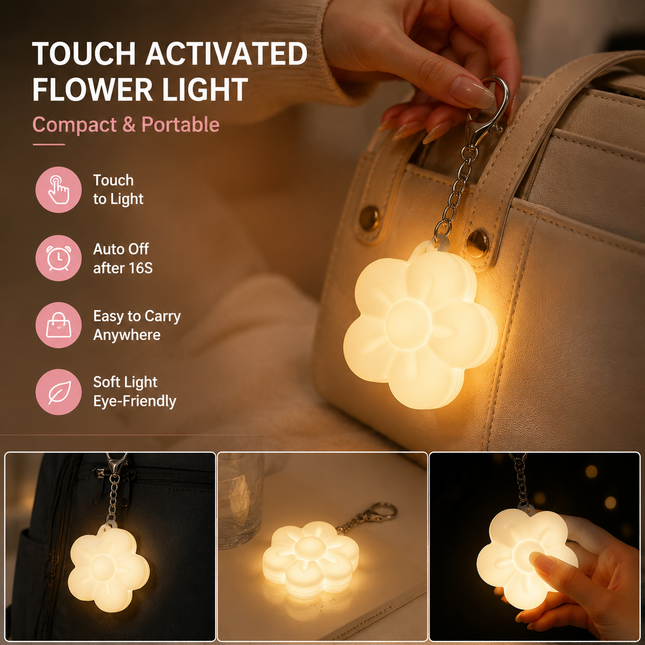 White Touch Activated Flower Keychain Light Cute Portable LED Night Light Keyring Mini Rechargeable