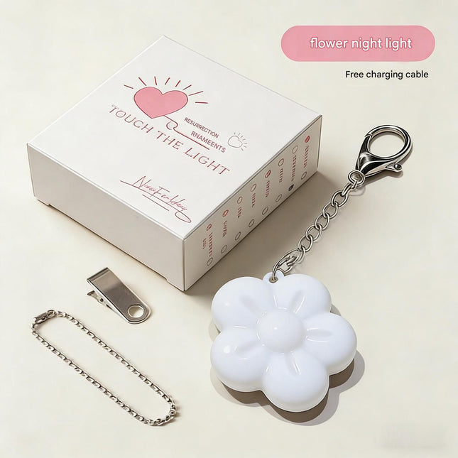 White Touch Activated Flower Keychain Light Cute Portable LED Night Light Keyring Mini Rechargeable – product detail